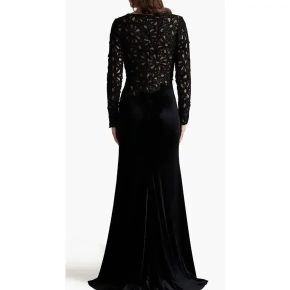 tadashi Shoji Sequin Lace Bodice Long Sleeve Velvet Gown black/nude NWOT tadashi Shoji Sequin Lace Bodice Long Sleeve Velvet Gown black/nude NWOT